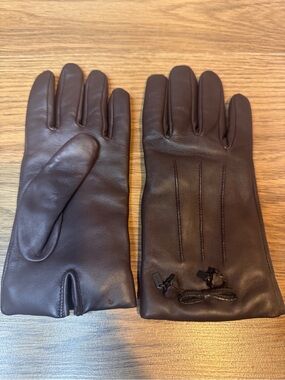 Coach Women's Dark Brown Leather Basic Gloves 165/170 Size 6 1/2 Bow Accent